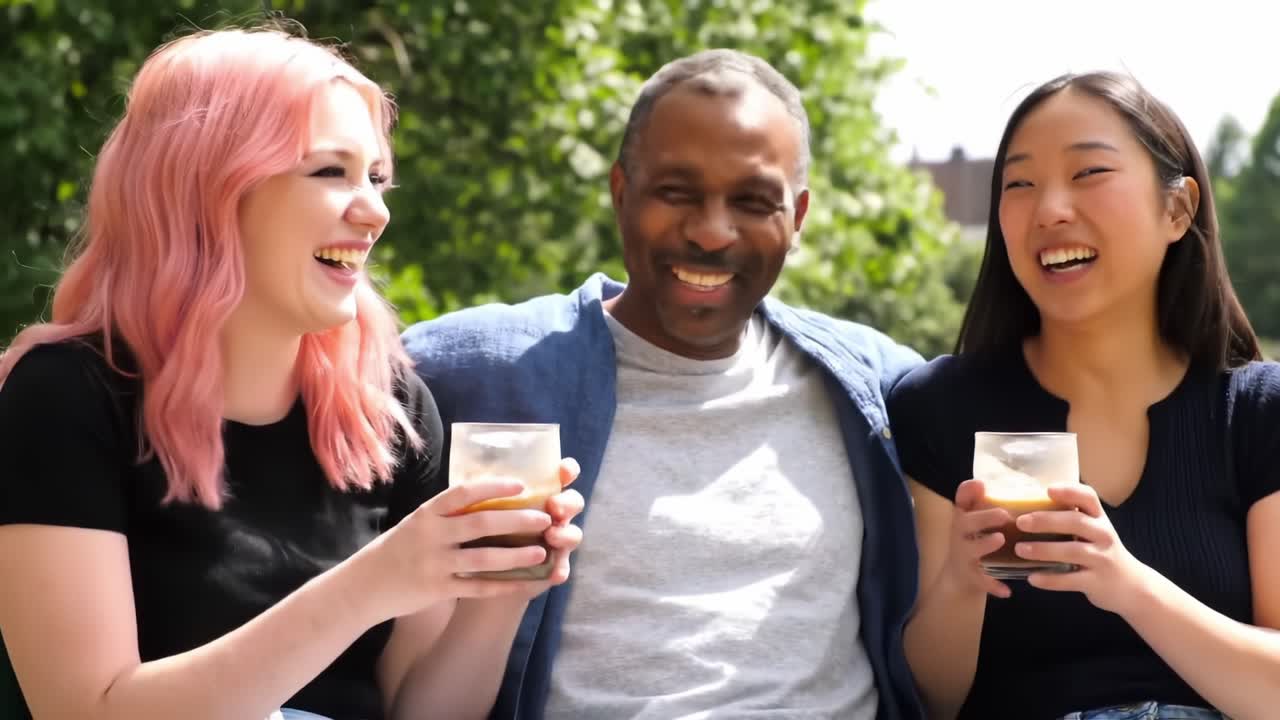 Joyful Moments of Friendship: Three Individuals Enjoying Beverages and Laughter Outdoors in a Sunlit Park Setting
