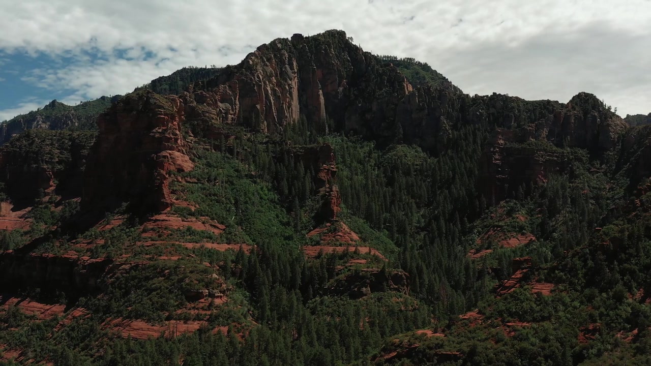 Jævn panorering mod venstre hen over den dramatiske Sedona Arizona bjergkæde med røde klippeformationer og ørkenlandskab.