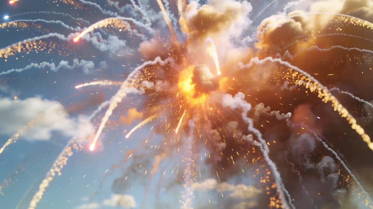 Detonating aerial shell producing large firework burst in sky above landscape, with smoke plumes