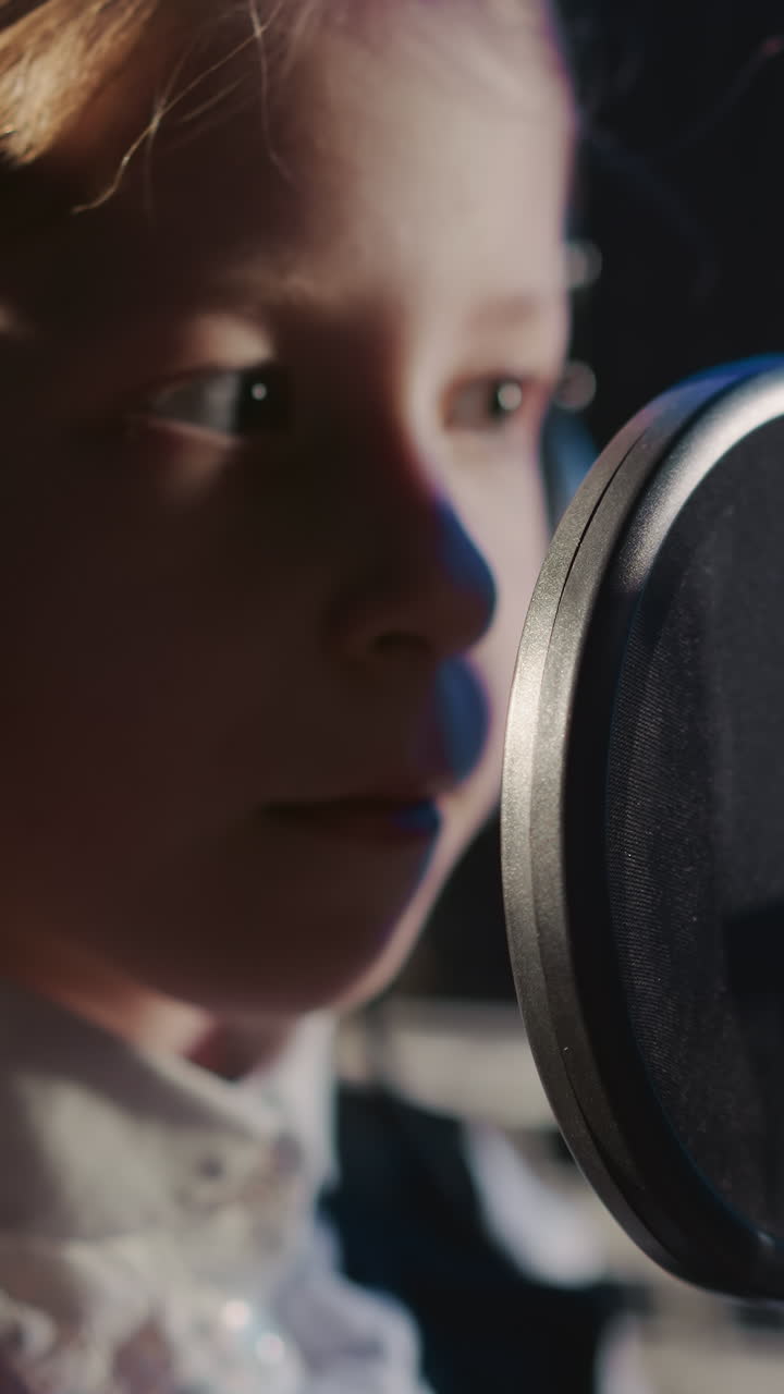 niño toca el micrófono en el estudio de grabación. niña curiosa con auriculares revisa el micro por dedo en una habitación aislada de sonido. lección vocal