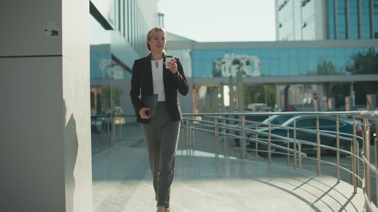 Elegant lady in black suit holding notepad in right hand and tea cup in left hand walks confidently with warm smile by modern glass building with parked cars and sunlight casting long shadow