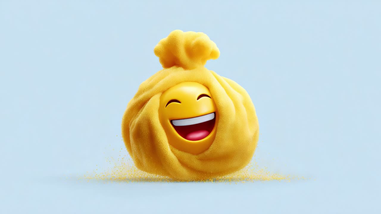 An amusing, cheerful yellow dumpling emoji with an exuberant smile brings joy and laughter, presenting a playful perspective on food through the delightful expression in the vibrant background