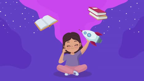 niña jugando con animación de cohetes