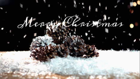 animation of merry christmas text over pine cones