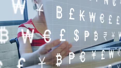 animation of currency symbols over caucasian disabled woman showing a document to diverse colleagues