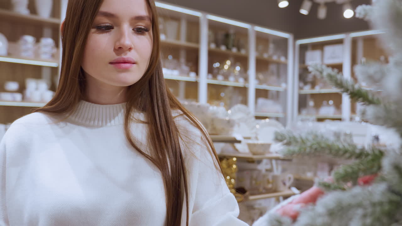Close up of elegant lady touching decorative plant while warmly admiring it in home decor shop, with beautifully arranged utensils and decorations in background