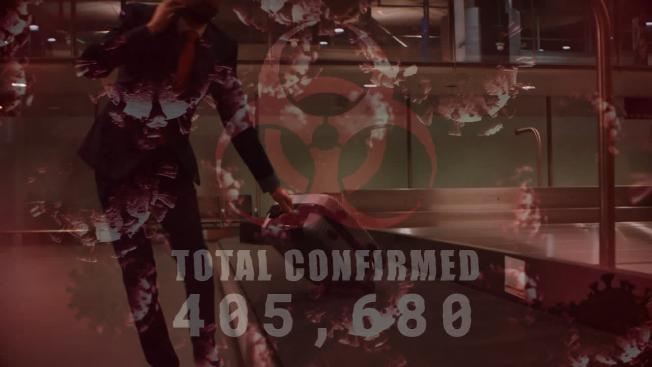 위험 표지판의 디지털 복합 비디오와 총 확인 된 숫자가 짐을 가져가는 사람에 대해 상승합니다.