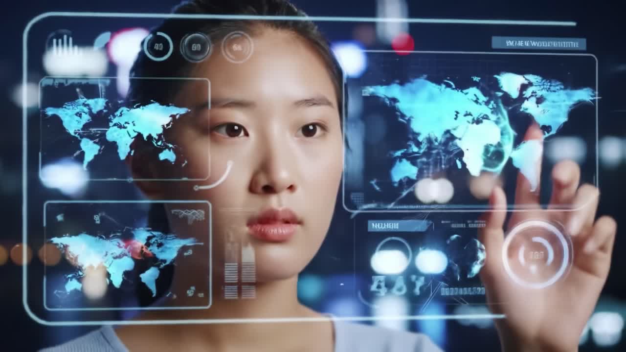 Woman interacting with a futuristic virtual interface