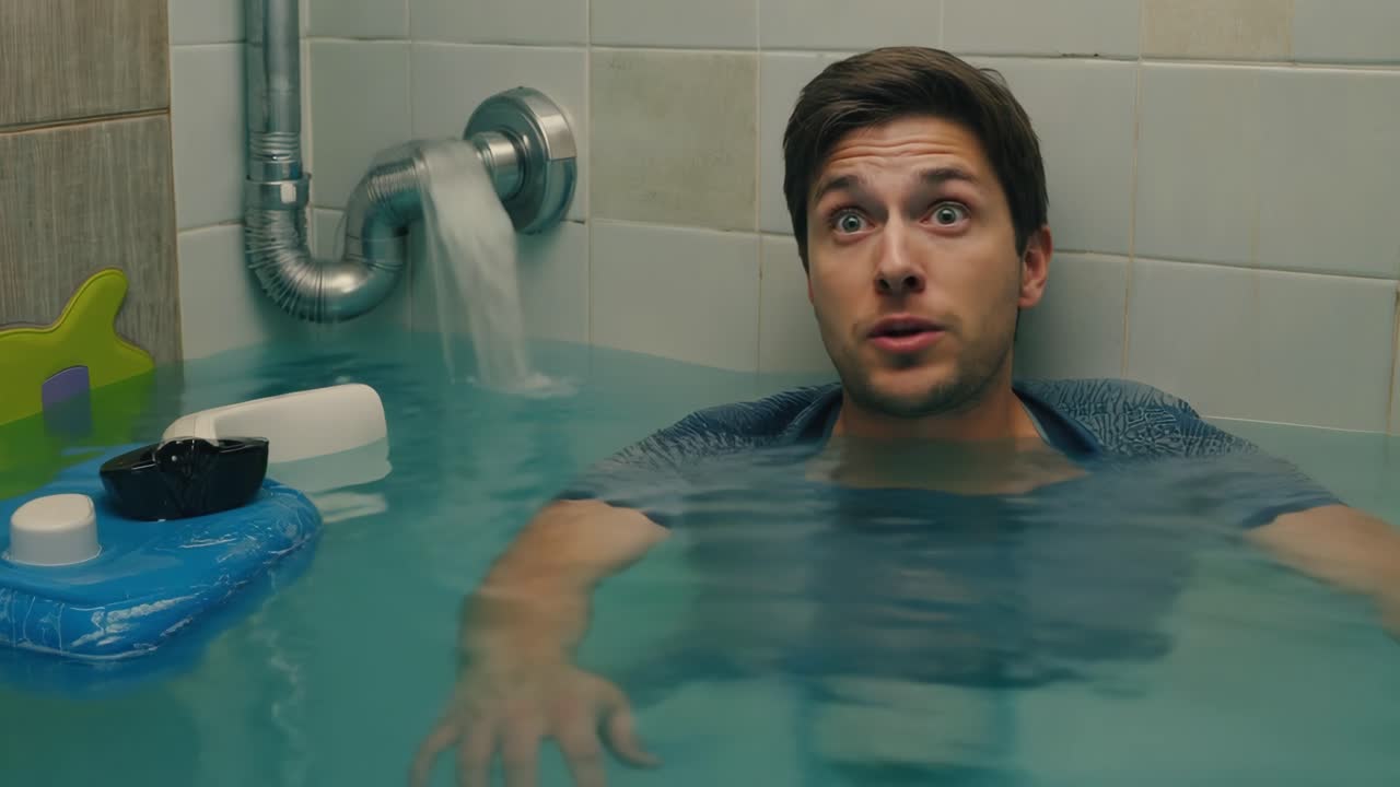 Man in flooded bathtub