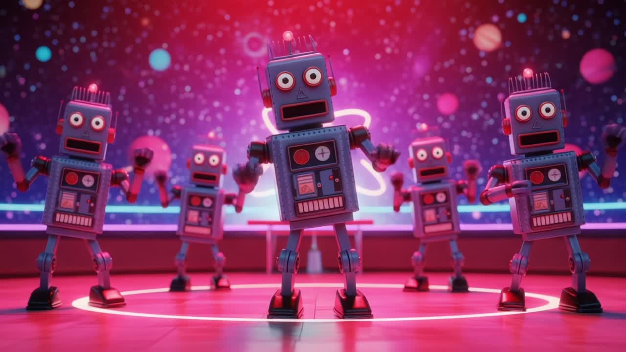 Una vivace esibizione di robot danzanti illuminati da luci colorate, che mostrano i loro movimenti giocosi su uno sfondo cosmico pieno di pianeti e stelle
