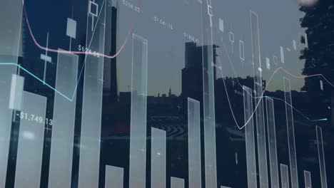 Animation-of-statistical-data-processing-over-grid-network-against-aerial-view-of-cityscape