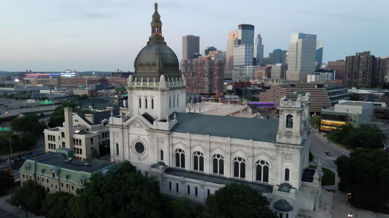 aerial view of saint mary church in downtown minneapolis with the skyline in the background