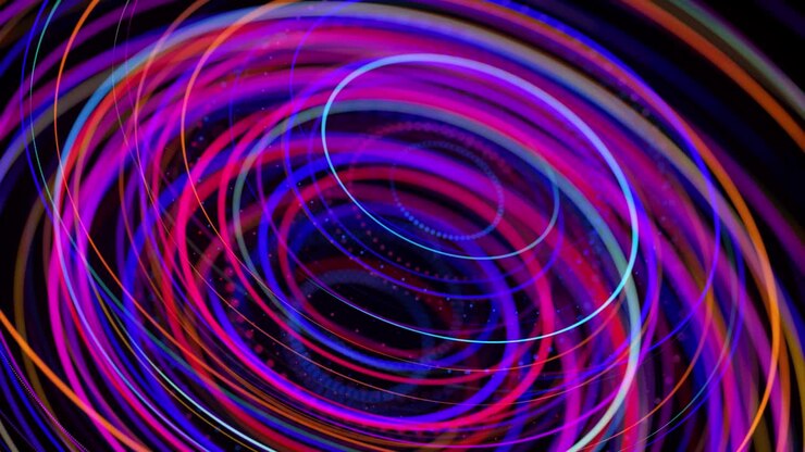 Flusso di luce forma una struttura ad anello. Effetto luce come sfondo astratto in loop con scie luminose, flusso di linee neon multicolori nello spazio che formano anelli. Sfondo di motion design moderno e di tendenza