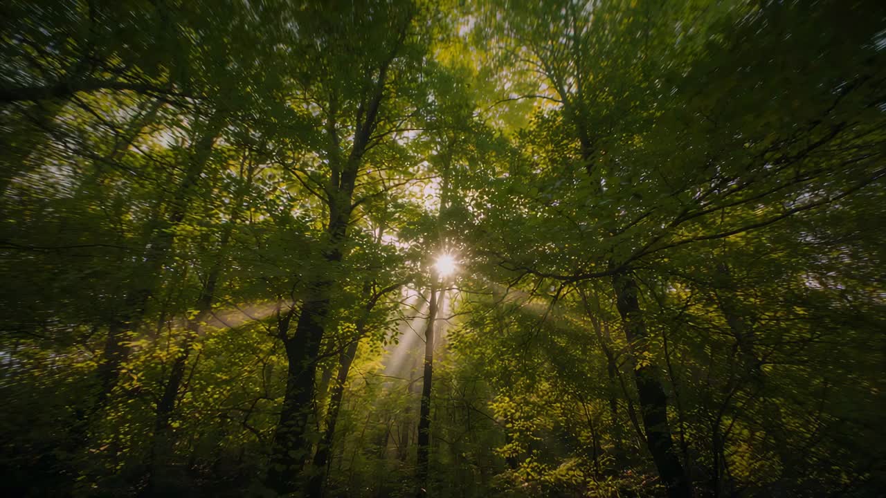 Streaming sunlight filtering through canopy in forest as sun rising, lighting trunks and sunbeams