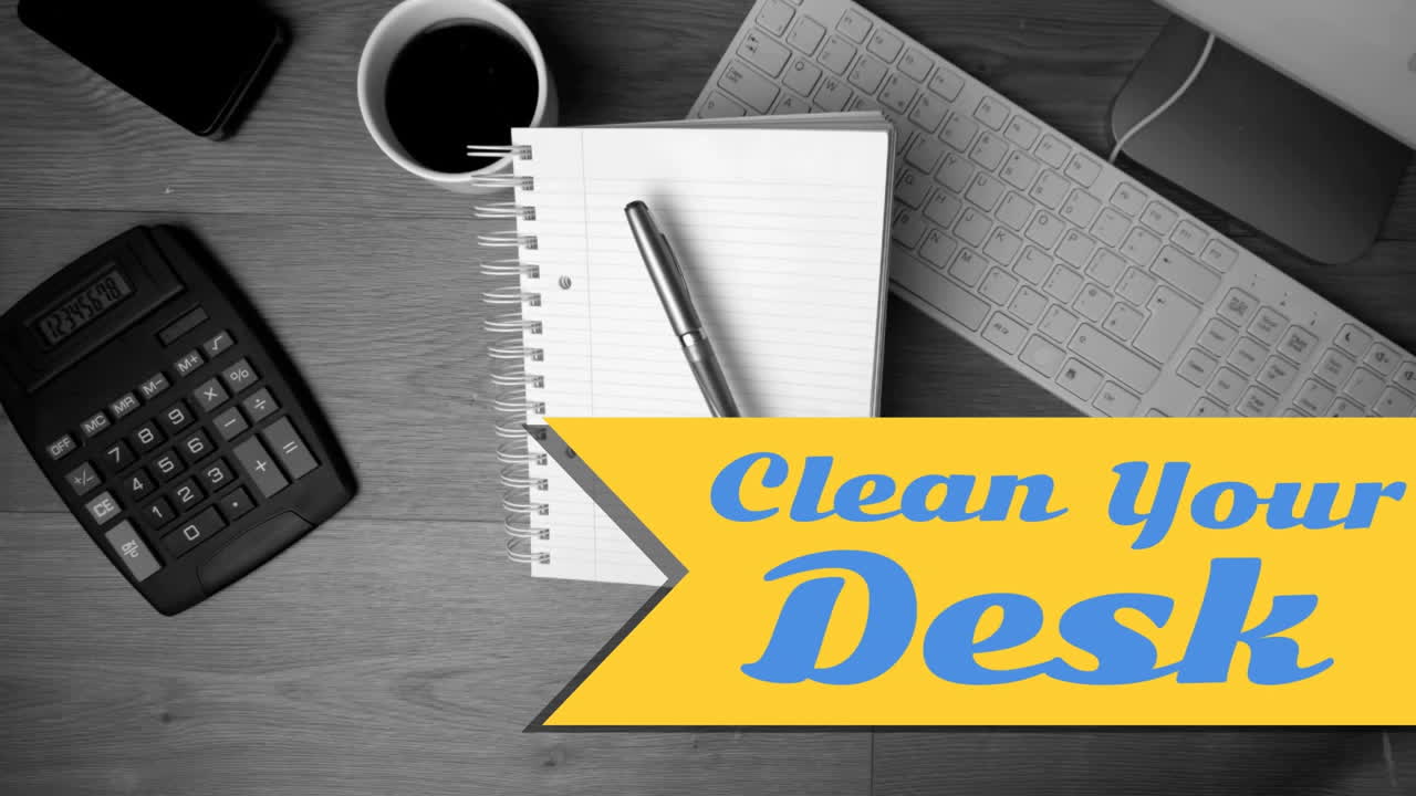 Animation of clean your desk text over white lines and keyboard with notebook and pen