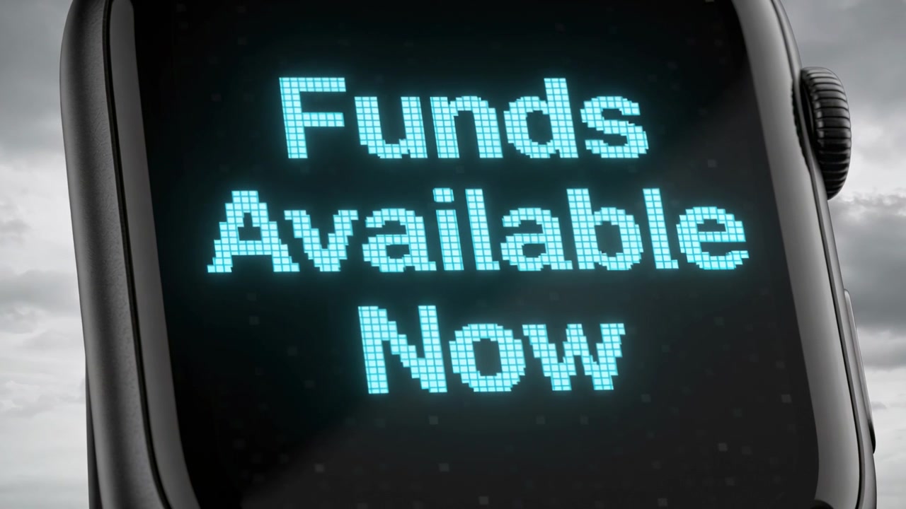 Showing smartwatch with right-side crown over cloudy sky, displaying cyan pixel Funds Available Now