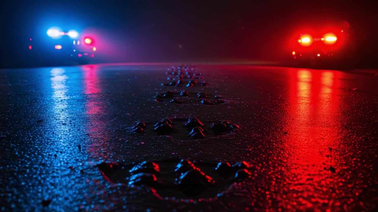 Mysterious Paw Prints Illuminate the Rain-Slicked Road as Eerie Illuminations Dance from Police Vehicles Amidst the Foggy Night Scene