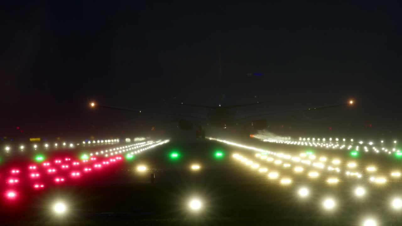 밤에 안개 상태에서 비행기가 착륙하는 것