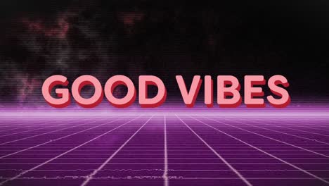 animación de un estandarte de texto de buenas vibraciones sobre una red de cuadrícula púrpura contra un fondo negro