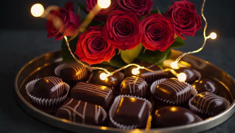 chocolate candies with roses and fairy lights