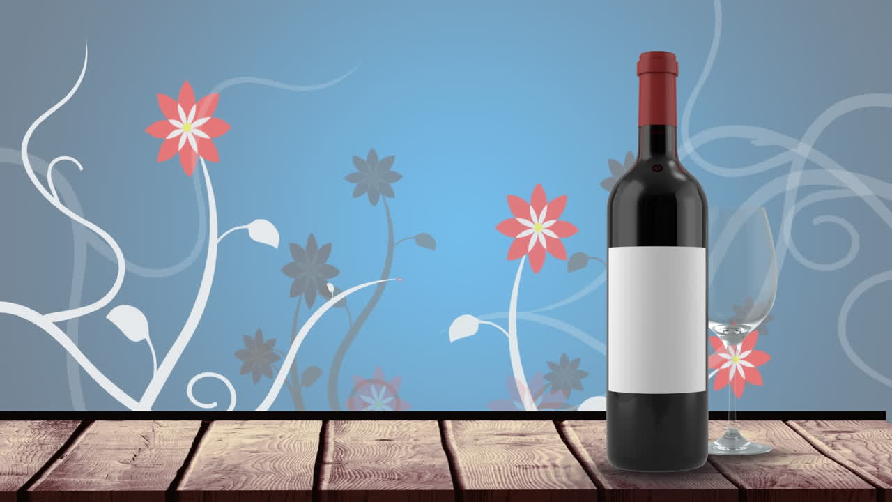 animación de una botella de vino tinto sobre un fondo con flores