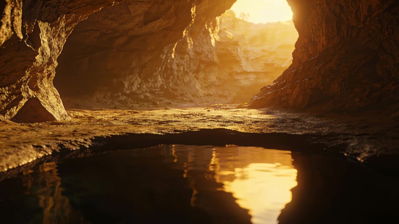 Pulling back camera revealing shallow reflective rock pool in cave, mirroring sunlit approach