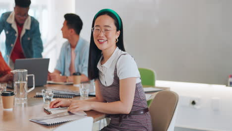 Gesicht,-Geschäft-Und-Asiatische-Frau-Im-Meeting