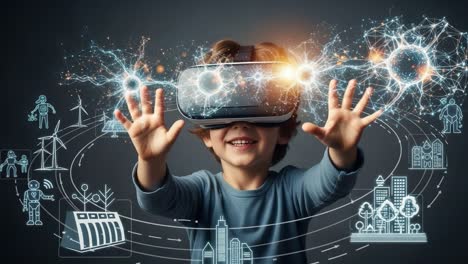 a joyful child immersed in a vibrant virtual reality experience, reaching out to engage with a fantastical world of energy and creativity, showcasing the power of technology and imagination.
