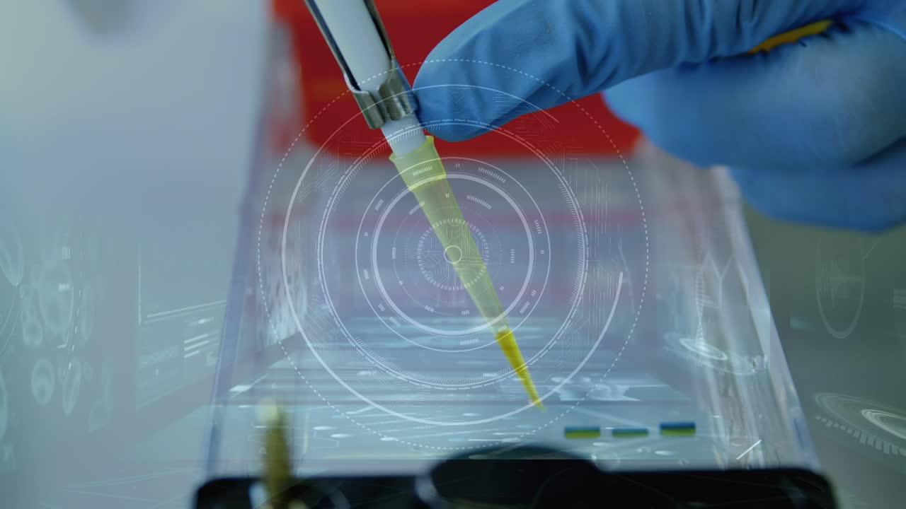 Animation of scope scanning and data processing over close up of scientist working in lab