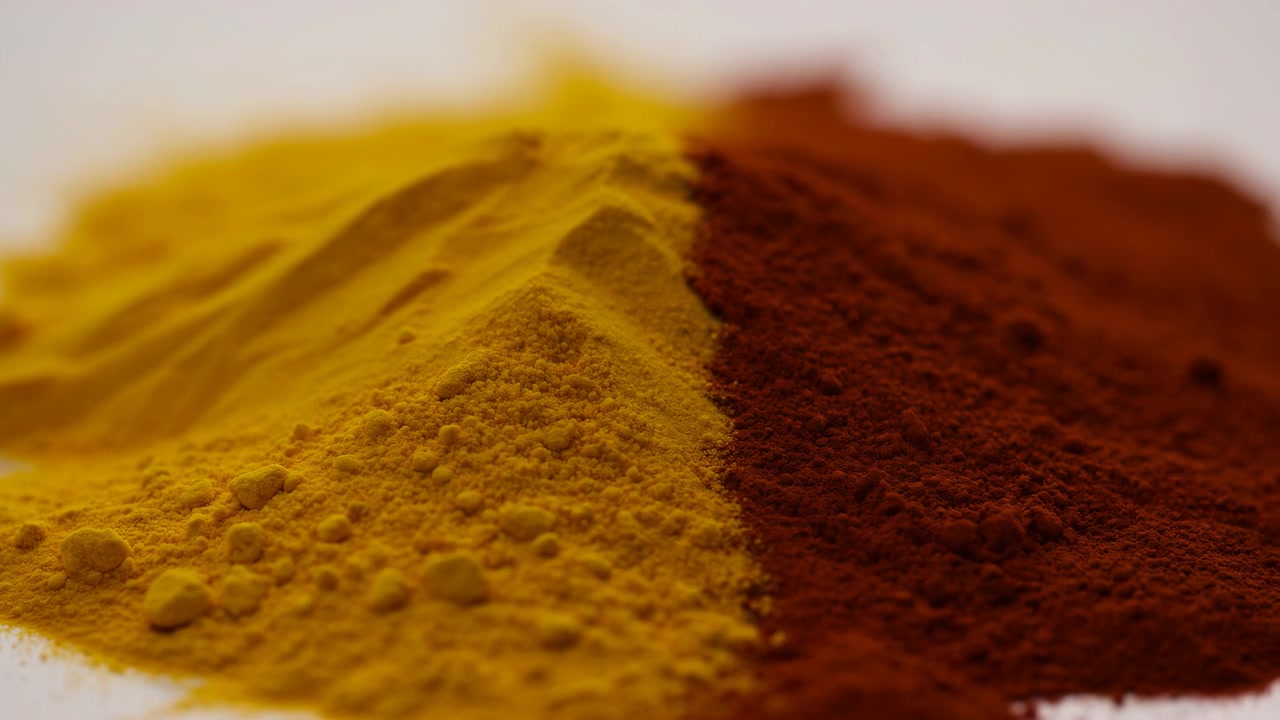 Low-angle studio close-up showing two adjacent spice powder mounds on flat surface, one bright yellow with coarse granules and rounded clumps, other deep reddish-brown with finer texture and loose