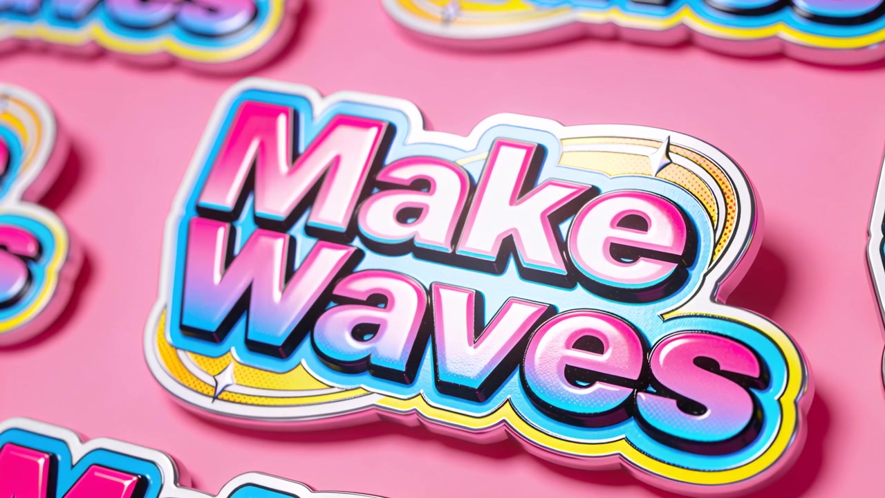 Bevægende kamera, der zoomer ind på et skinnende 'Make Waves'-klistermærke på lyserød baggrund, der afslører en lagdelt kant