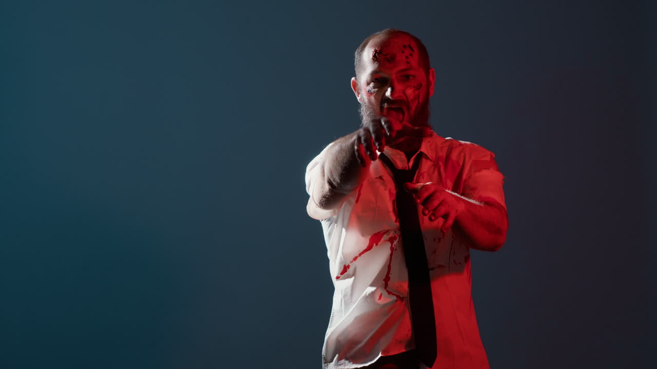 Creepy zombie growling at camera while standing on blue background