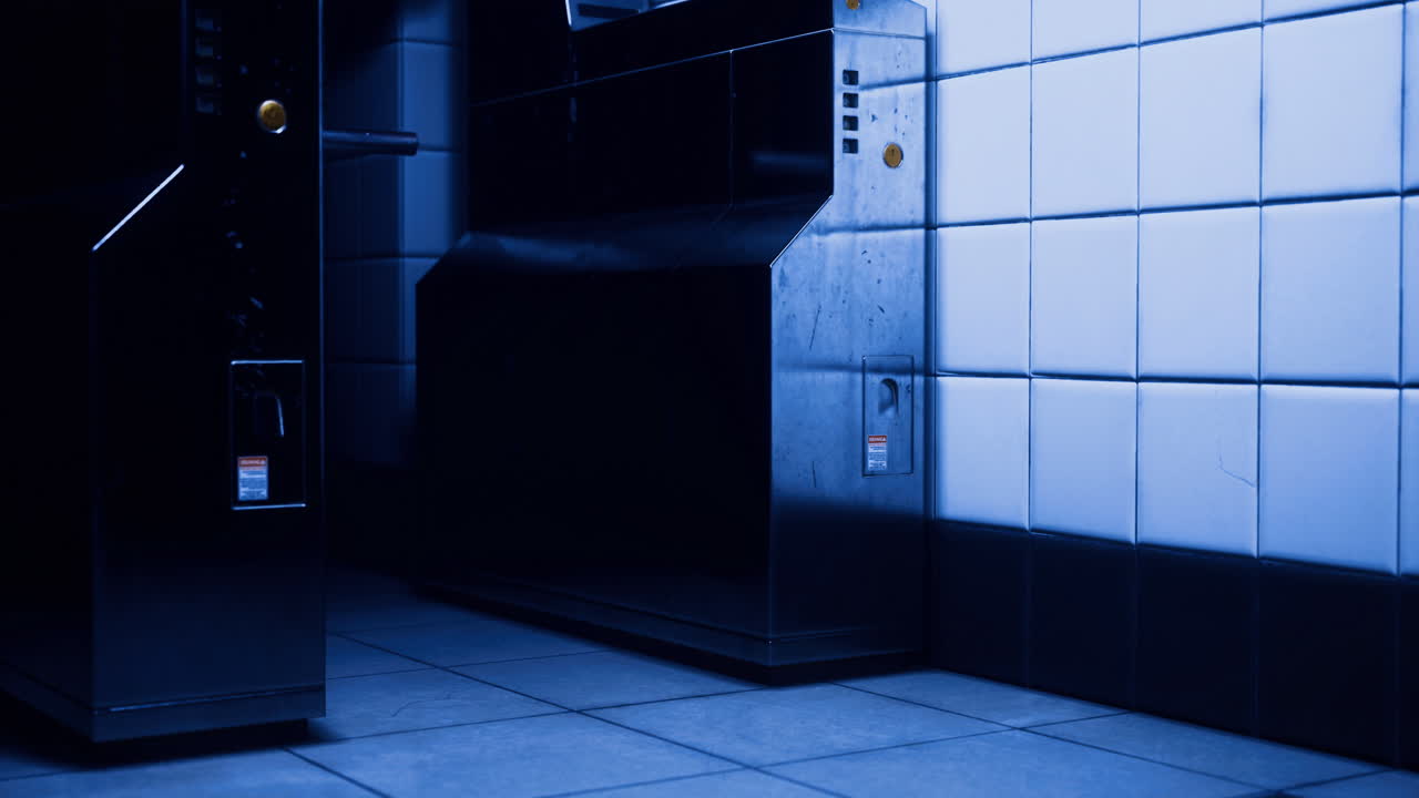 Mysterious vending machines in a dimly lit corridor at night
