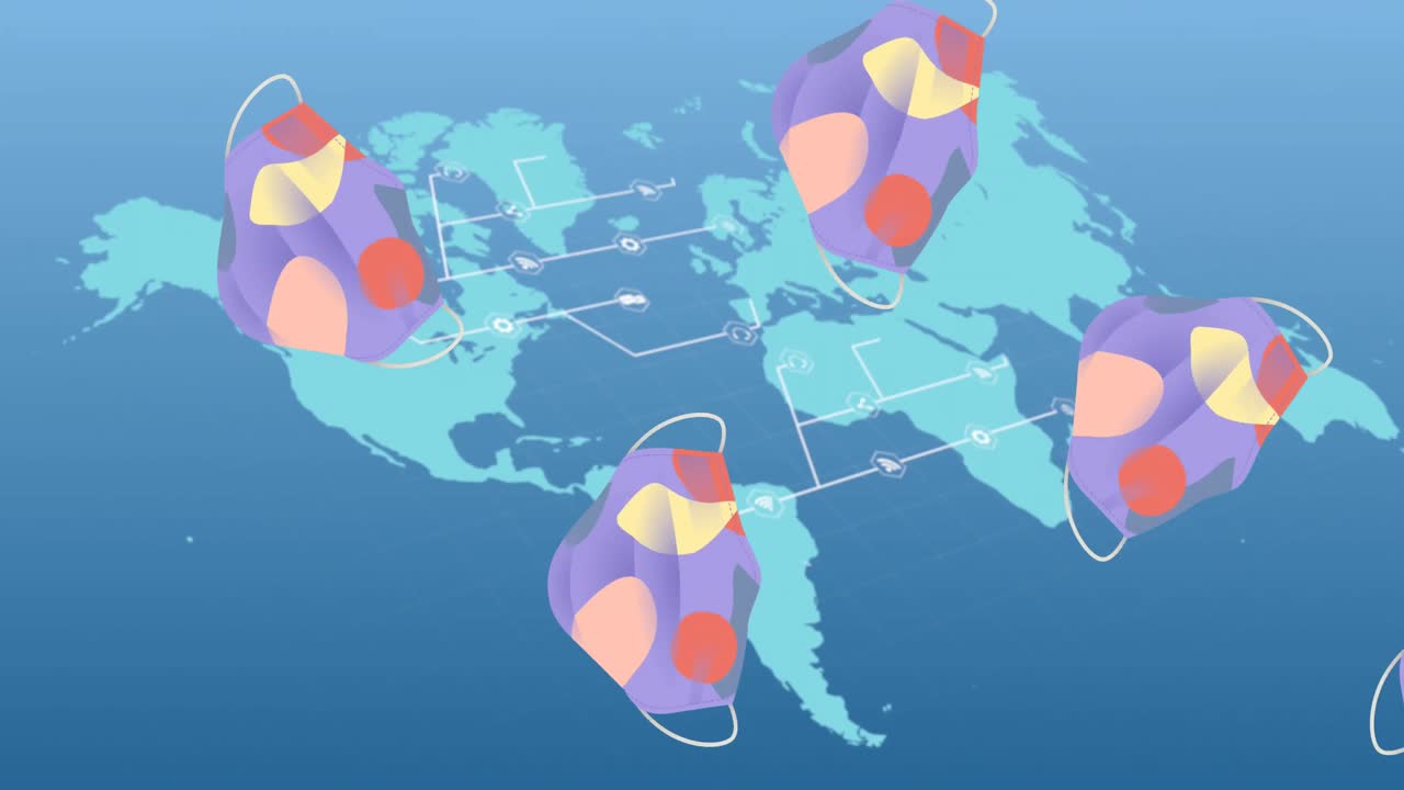 анимация масок, летящих над картой мира