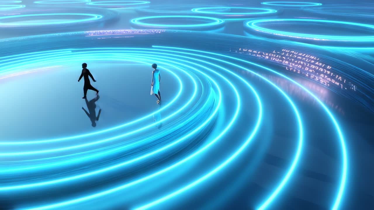 A Person Standing on a Floating Platform in a Futuristic Environment with Glowing Circular Patterns and Digital Symbols, Representing Technology and Innovation in a Cybernetic Landscape