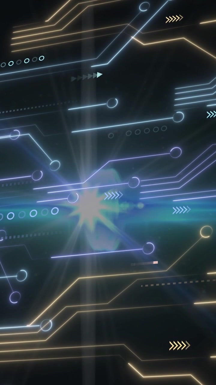 Animation of computer circuit board and data processing over black background