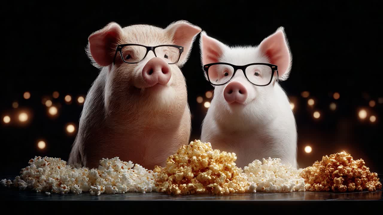 Two Adorable Pigs Wearing Glasses Enjoying a Movie Night Surrounded by Popcorn under Dim Lights, Capturing a Heartwarming Moment of Animal Companionship