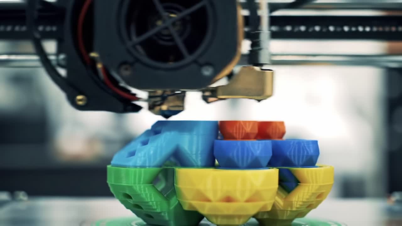 Advanced 3D Printing Process: A Close-Up View of a 3D Printer Constructing Colorful Geometric Shapes Layer by Layer in a Modern Workshop Environment