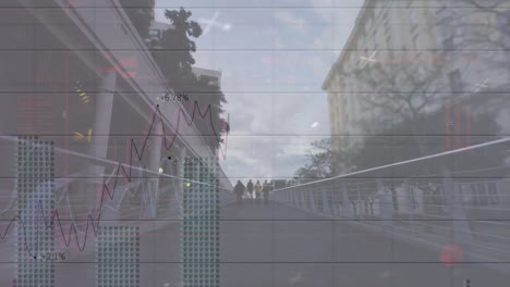 animación de procesamiento de datos y diagramas sobre el paisaje urbano y las personas que caminan