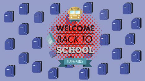 animación del texto de regreso a la escuela sobre los iconos de los artículos escolares
