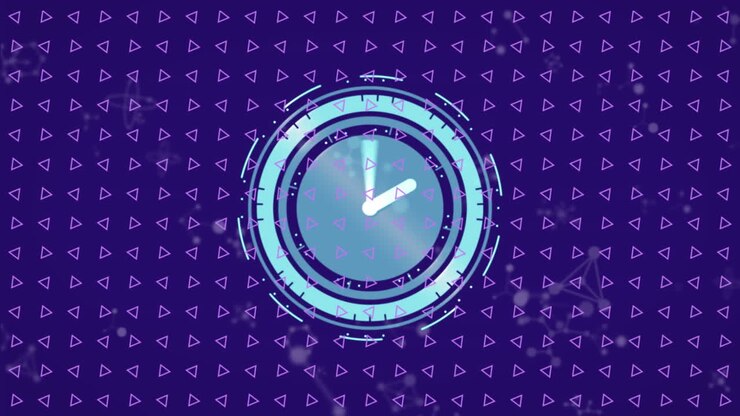 Animation of clock ticking with rows of pattern on purple background