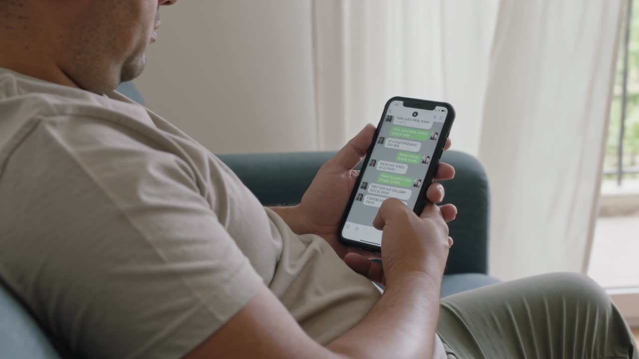 Homem navegando no smartphone, lendo mensagens em um sofá azul-petróleo perto da janela com cortinas translúcidas.
