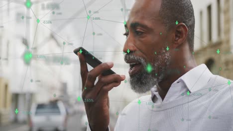 Animation-of-network-of-connections-with-data-processing-over-african-american-man-using-smartphone