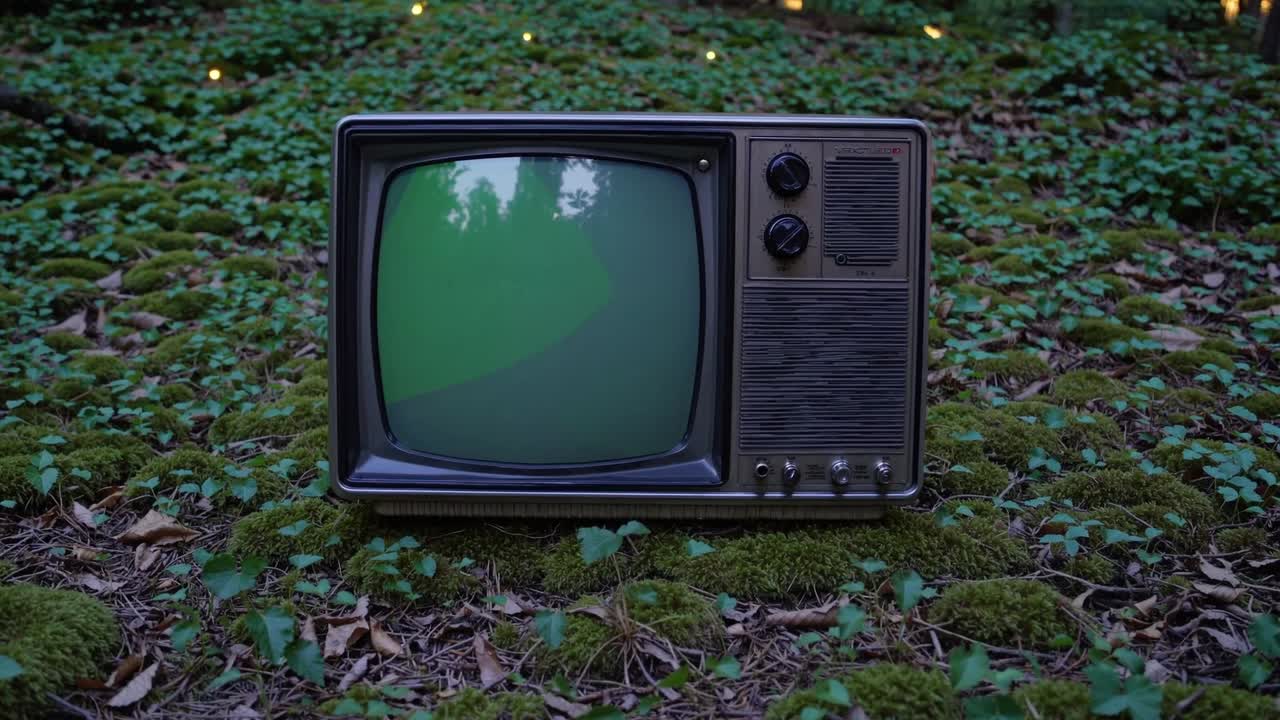 Vintage television set with a green screen sits on lush moss in a serene forest, showcasing the contrast between technology and nature in a tranquil environment
