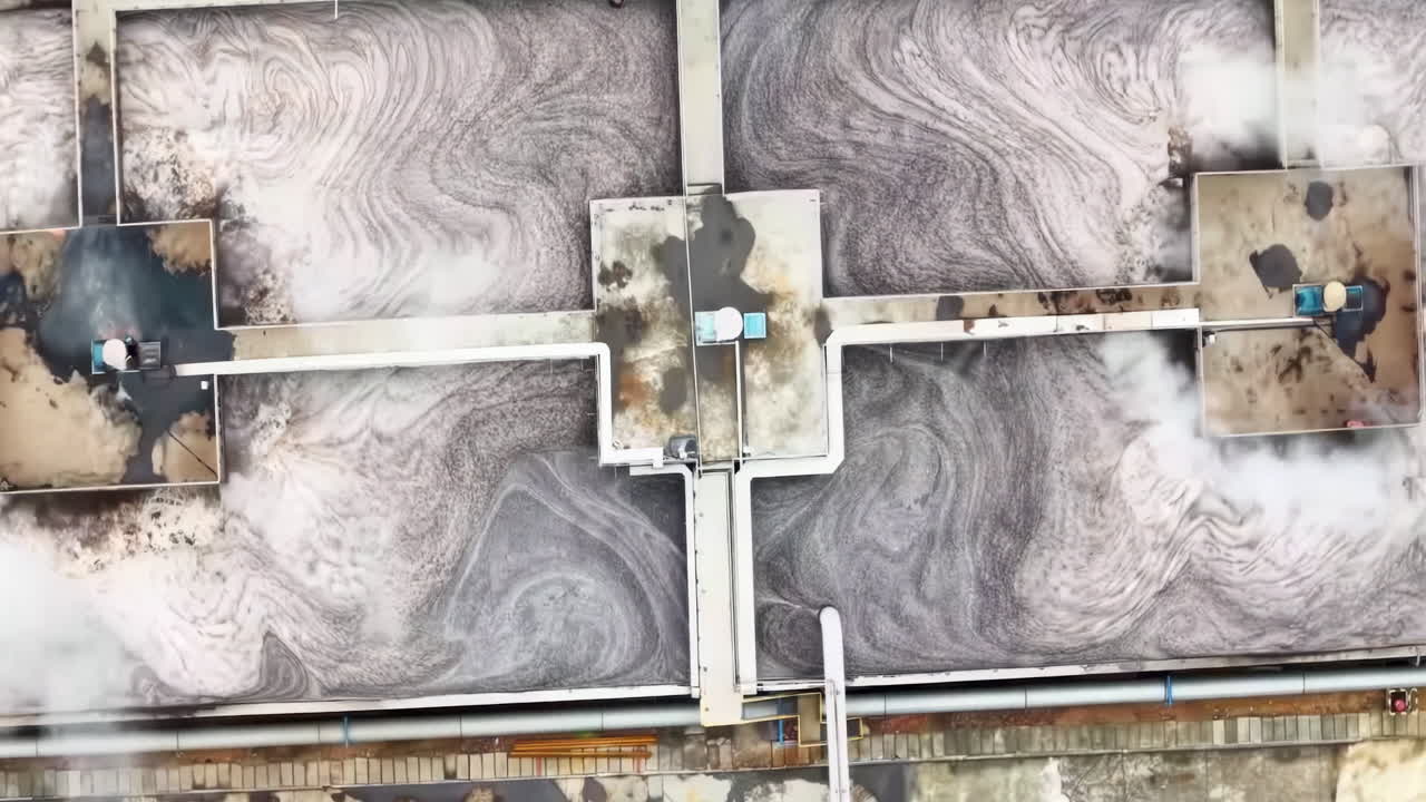 Tanks for aeration biological purification of sewage with Filtration Systems for Wastewater Treatment in Industrial purification Plant Flowing Water cleaning of dirty sewage water by active sludge