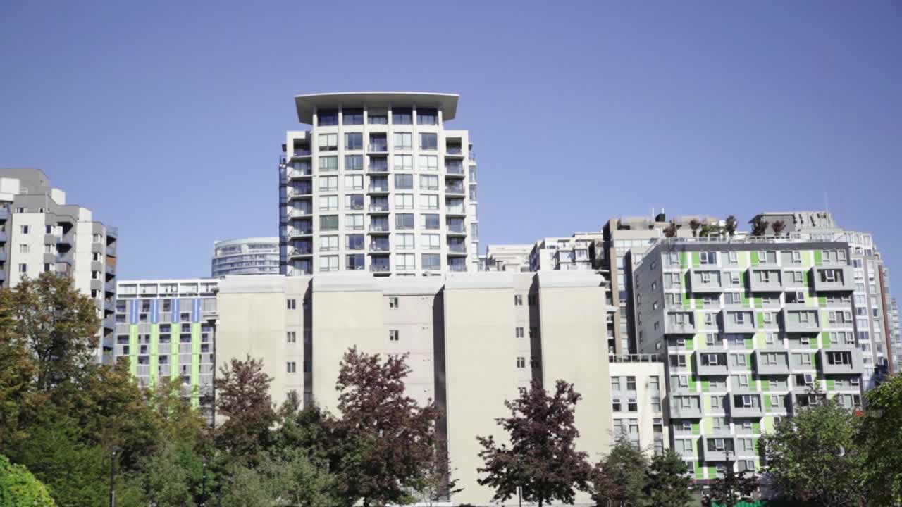 슬로우 모션 - 새가 도시 스카이라인을 통해 날아갑니다.