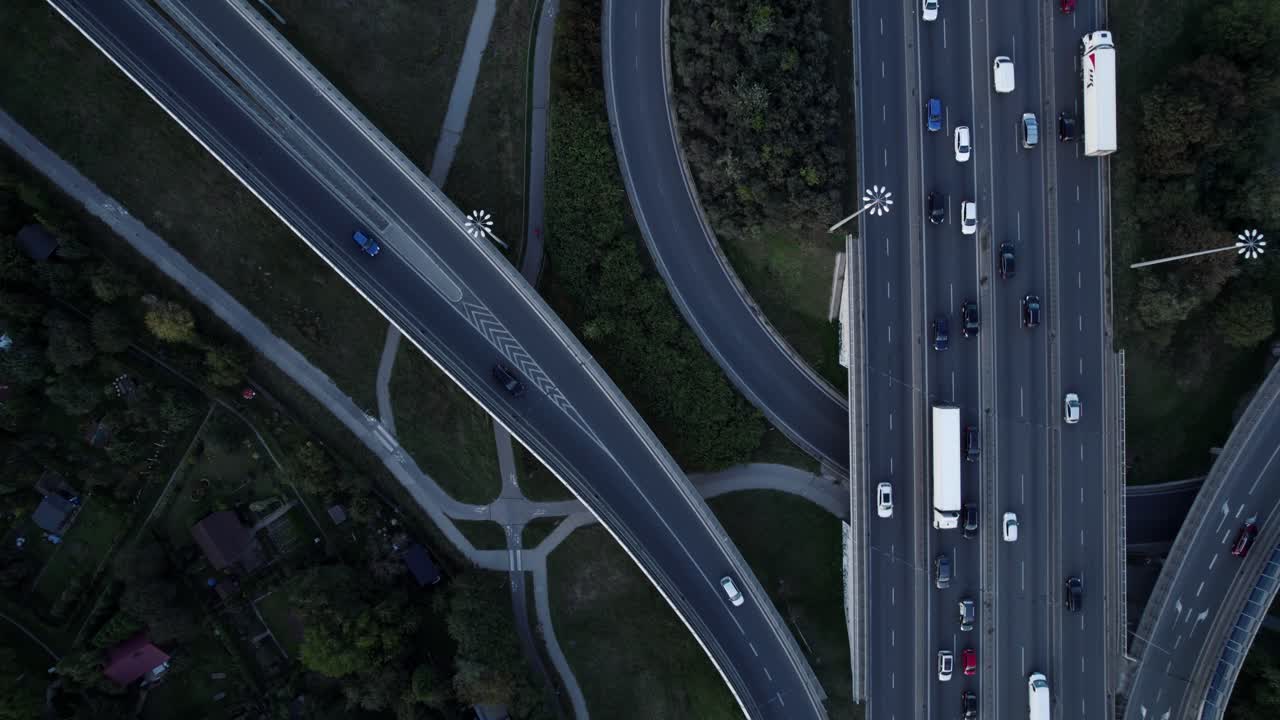 Aerial View of Highway Interchange at Dusk
