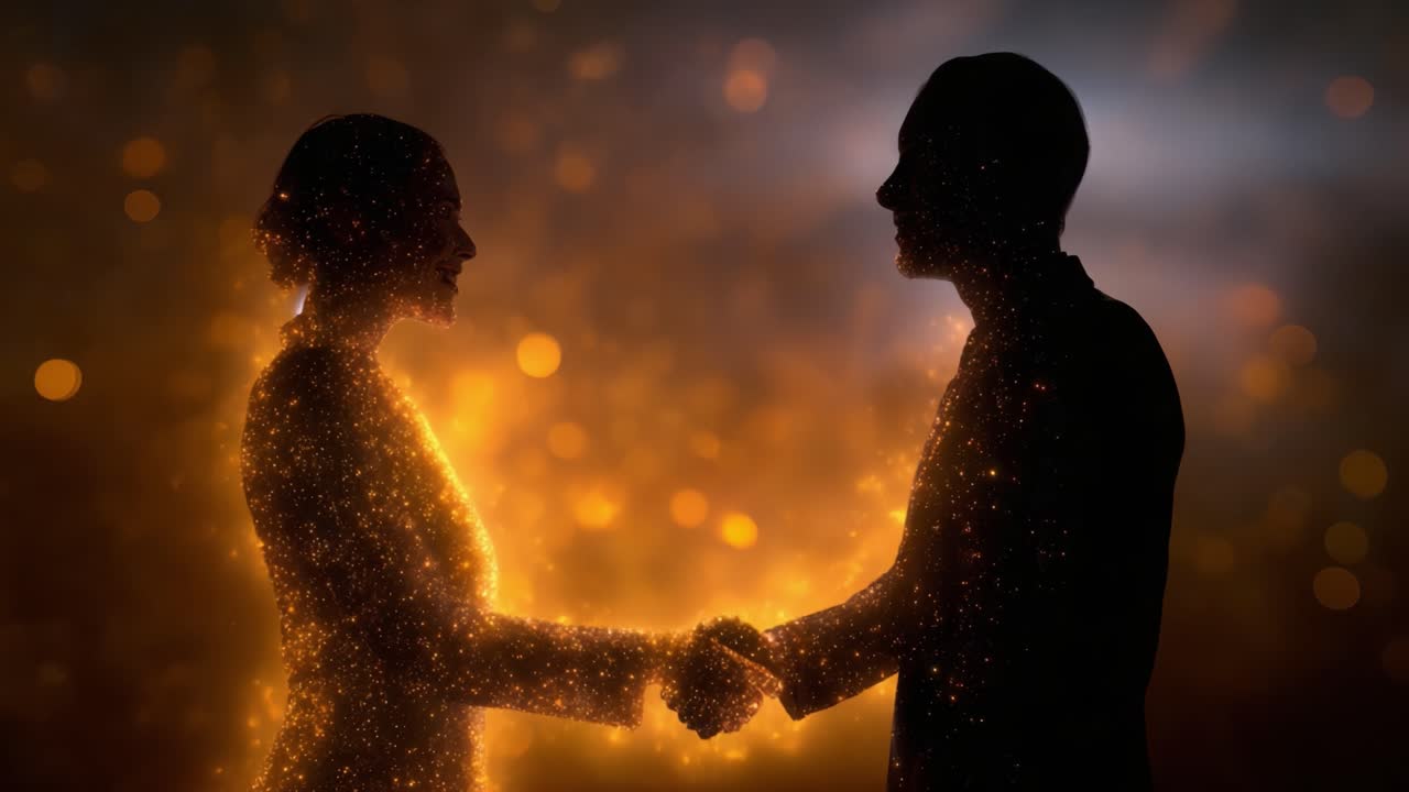 A Magical Connection: Two Silhouetted Figures Engage in a Sparkling Handshake, Radiating with Golden Light and a Sense of Unity and Collaboration