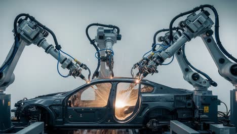 advanced robotic automation in automobile manufacturing: a detailed look at the precision welding process of car chassis by robotic arms in a controlled environment