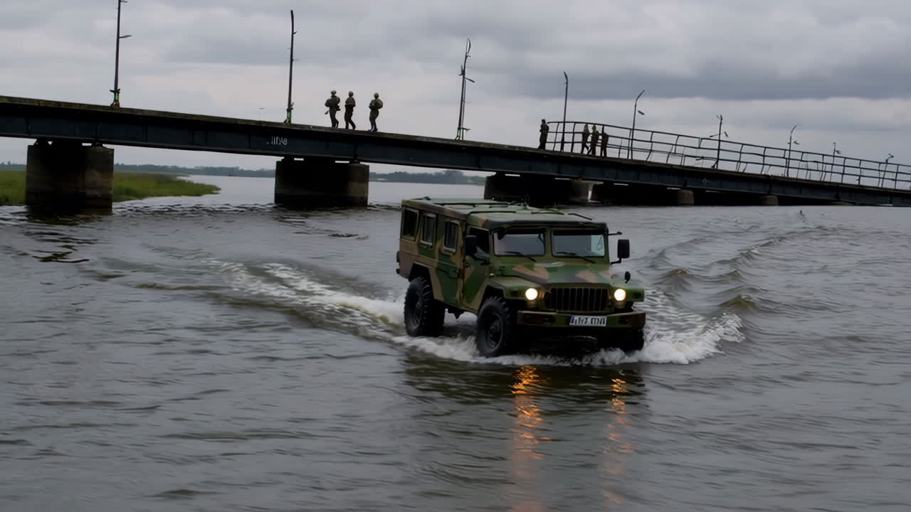 Military Vehicle Crossing a Flooded River Bridge
